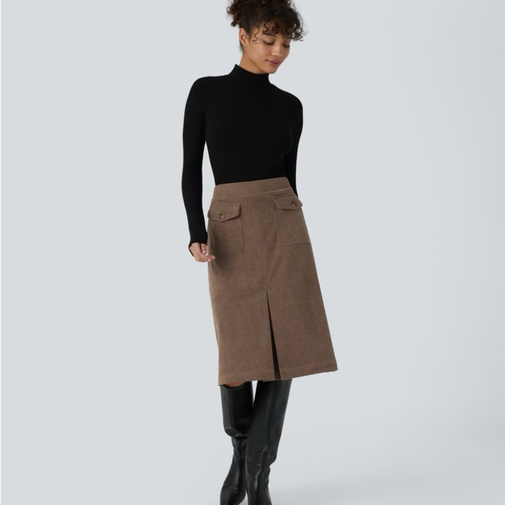 HALARA Brown A-Line Corduroy Skirt
